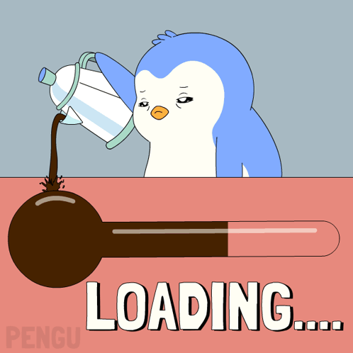 A Penguin Is Pouring Coffee Into A Thermometer Which Says Loading GIF