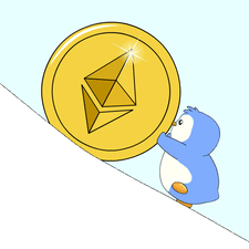 A Penguin Is Pushing A Large Coin Up A Hill GIF