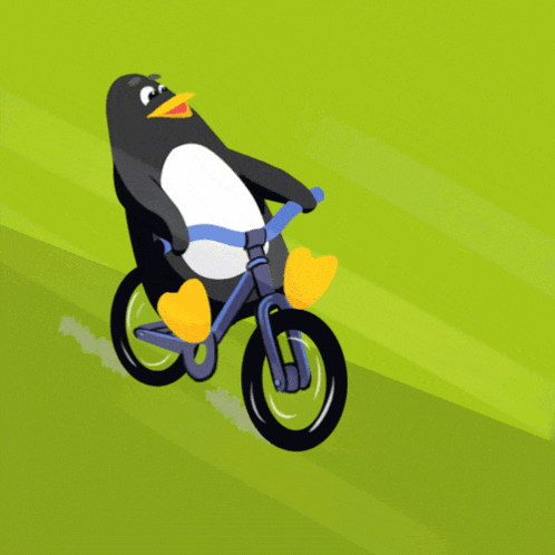 A Penguin Is Riding A Bike On A Grassy Field GIF