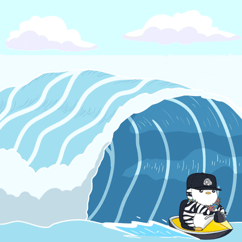 A Penguin Is Riding A Wave On A Surfboard GIF