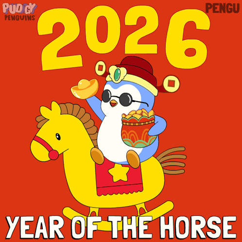 A Penguin Is Riding A Yellow Rocking Horse With The Year Of The Horse Written Below It GIF