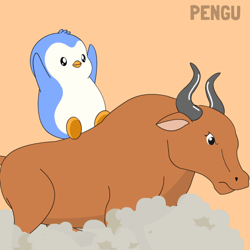 A Penguin Is Riding On The Back Of A Bull And The Word Pengu Is Above It GIF