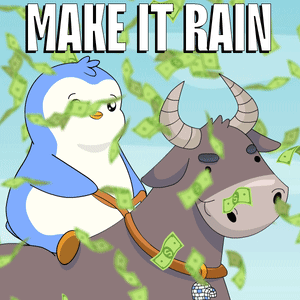 A Penguin Is Riding On The Back Of A Bull With The Words Make It Rain Behind Them GIF