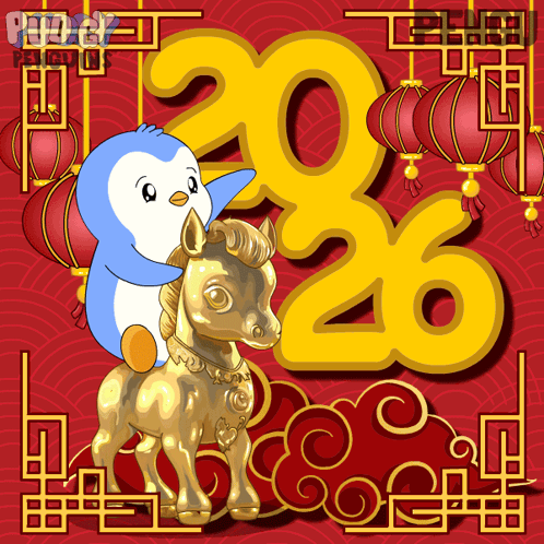 A Penguin Is Riding On The Back Of A Golden Horse In Front Of The Number 20 And 26 GIF
