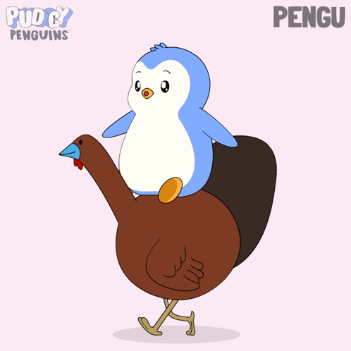 A Penguin Is Riding On The Back Of A Turkey With The Word Pengu Written Below It GIF