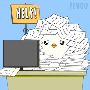 A Penguin Is Sitting At A Desk With A Sign That Says Help On It GIF
