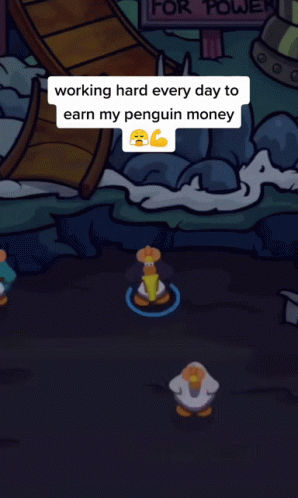 A Penguin Is Sitting At A Table In A Room With A Sign That Says Mullet GIF