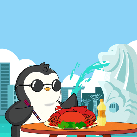 A Penguin Is Sitting At A Table With A Plate Of Food And A Bottle Of Beer GIF