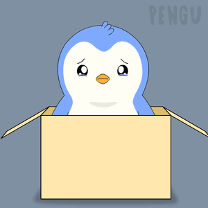 A Penguin Is Sitting In A Cardboard Box With The Word Pengu Written On The Bottom GIF