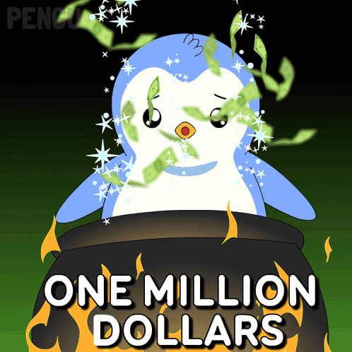 A Penguin Is Sitting In A Cauldron With One Million Dollars Written On It GIF