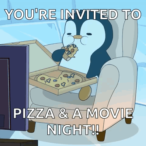 a penguin is sitting in a chair with a box of pizza and the words you 're invited to pizza & a movie night
