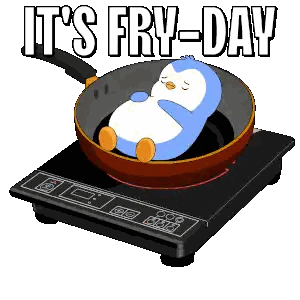 a penguin is sitting in a frying pan with the words it 's fry-day above it