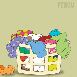 A Penguin Is Sitting In A Laundry Basket GIF