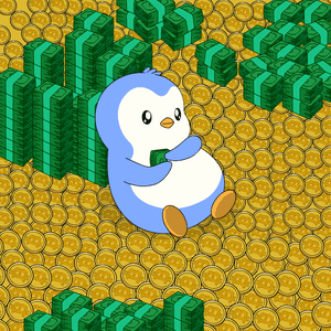 A Penguin Is Sitting In A Pile Of Gold Coins Holding A Stack Of Money GIF