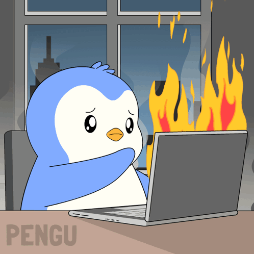A Penguin Is Sitting In Front Of A Laptop With Flames Coming Out Of The Screen GIF