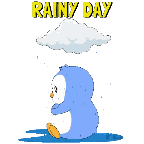 a penguin is sitting in the rain with the words rainy day above it