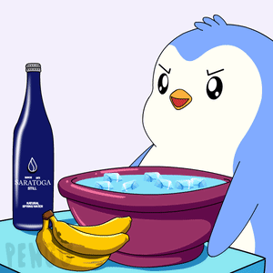 A Penguin Is Sitting Next To A Bottle Of Saratoga Still Water GIF