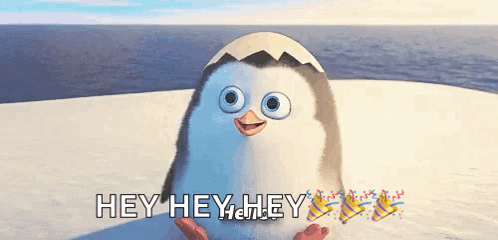 A Penguin Is Sitting On A Beach With The Words Hey Hey Hey Written Above It GIF