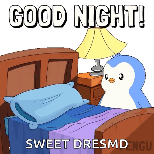 A Penguin Is Sitting On A Bed With The Words Good Night Sweet Dreamsmd On The Bottom GIF