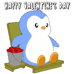 a penguin is sitting on a bench with a bucket of hearts and the words happy valentine 's day