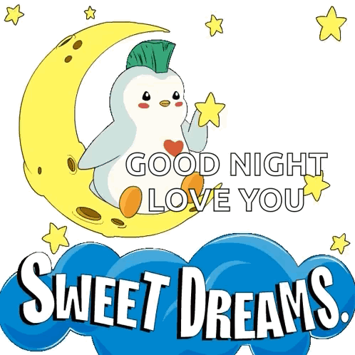 A Penguin Is Sitting On A Crescent Moon With The Words " Good Night Love You Sweet Dreams " Below It GIF