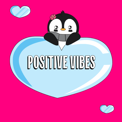 A Penguin Is Sitting On A Heart That Says " Positive Vibes " GIF