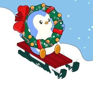 A Penguin Is Sitting On A Sled With A Christmas Wreath On It GIF