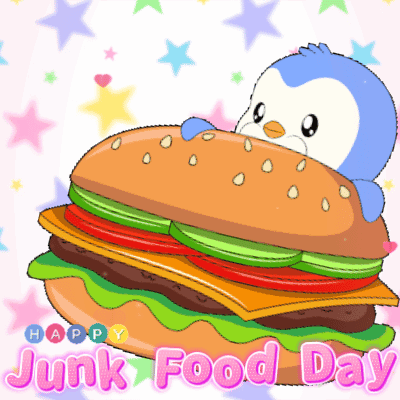 A Penguin Is Sitting On Top Of A Hamburger With The Words Happy Junk Food Day Below It GIF
