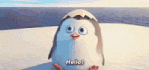 A Penguin Is Sitting On Top Of A Snow Covered Iceberg And Saying Hello . GIF