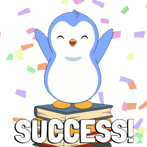 a penguin is sitting on top of a stack of books with the words success written below it