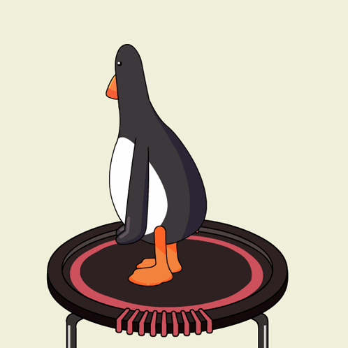 A Penguin Is Sitting On Top Of A Trampoline With Its Legs Crossed GIF