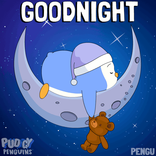 A Penguin Is Sleeping On A Crescent Moon With A Teddy Bear GIF