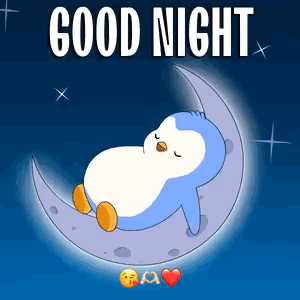 A Penguin Is Sleeping On A Crescent Moon With The Words Good Night . GIF