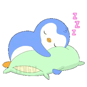 a penguin is sleeping on a green pillow and the letters zzz are above it