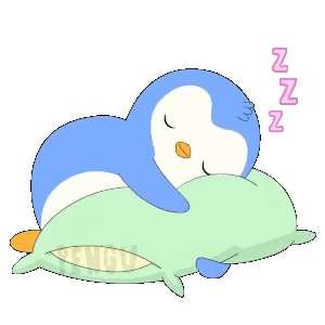 A Penguin Is Sleeping On A Green Pillow With The Letters Zzz Behind It GIF