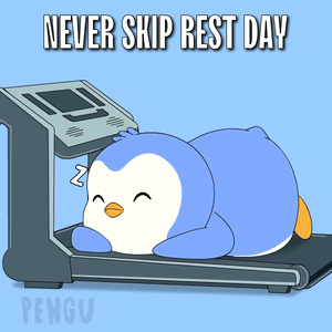 A Penguin Is Sleeping On A Treadmill With The Words " Never Skip Rest Day " Above It GIF