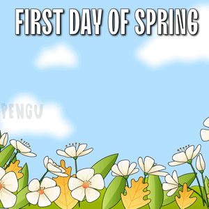 A Penguin Is Standing In A Field Of Flowers With The Words First Day Of Spring Written Above It GIF