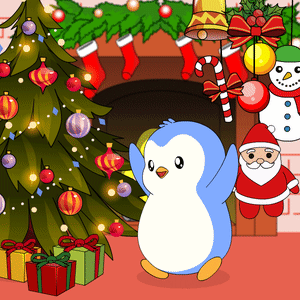 A Penguin Is Standing In Front Of A Christmas Tree And Santa Claus GIF