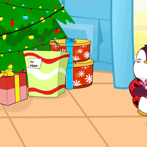 A Penguin Is Standing In Front Of A Christmas Tree With Gifts And A Bag That Says 10 From On It GIF