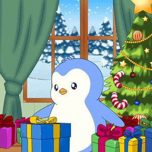 A Penguin Is Standing In Front Of A Christmas Tree With Gifts GIF