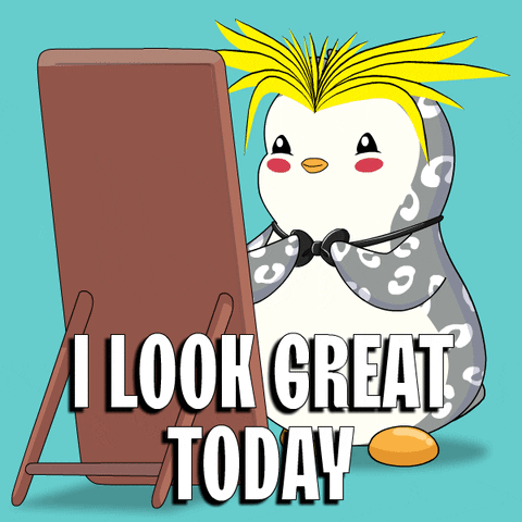 A Penguin Is Standing In Front Of A Mirror With The Words I Look Great Today Below It GIF