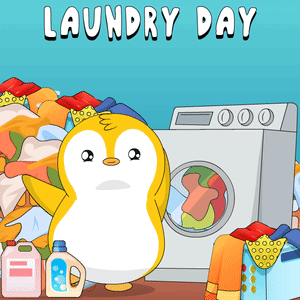A Penguin Is Standing In Front Of A Washing Machine With The Words Laundry Day Written Above It GIF
