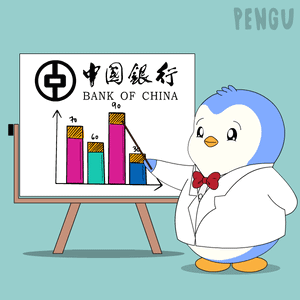 A Penguin Is Standing In Front Of A White Board With A Red Circle In The Middle And The Word Pengu On The Bottom GIF