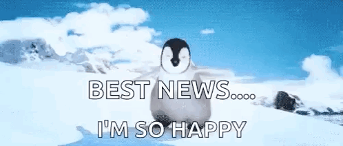A Penguin Is Standing In The Snow With The Words `` Best News ... I 'M So Happy '' Written Above It . GIF