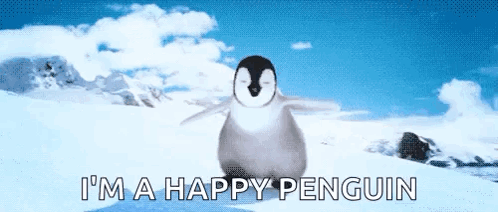 A Penguin Is Standing In The Snow With The Words I 'M A Happy Penguin Above It GIF