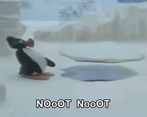 A Penguin Is Standing In The Snow With The Words Nooot Nooot Written Below It GIF