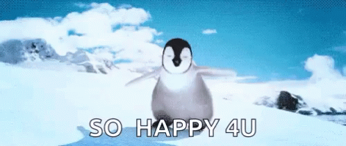 A Penguin Is Standing In The Snow With The Words So Happy 4U Below It GIF