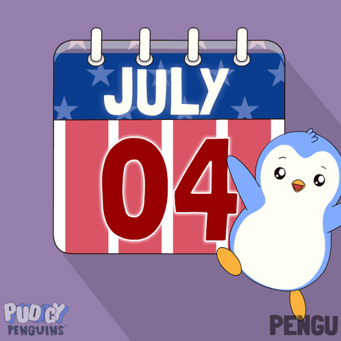 A Penguin Is Standing Next To A Calendar That Says July 4 GIF