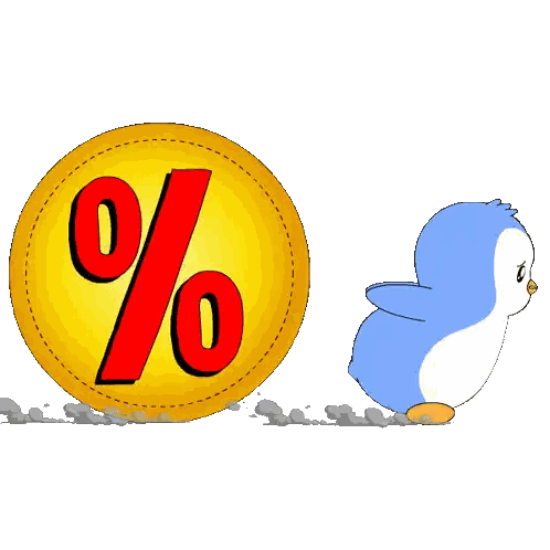 a penguin is standing next to a yellow percentage sign