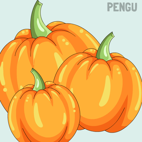 A Penguin Is Standing Next To Two Pumpkins And The Word Pengu Is On The Bottom Right GIF